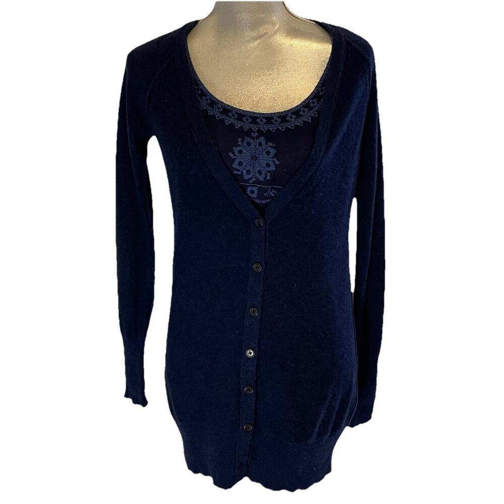 White + Warren Navy Blue Long V Neck Button 100% Cashmere Cardigan Sweater Sz S